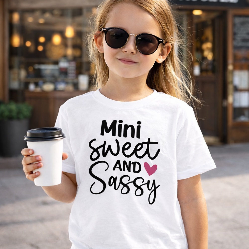 Gildan White Kids Tee with 'Mini Sweet and Sassy' Black Script and Pink Heart